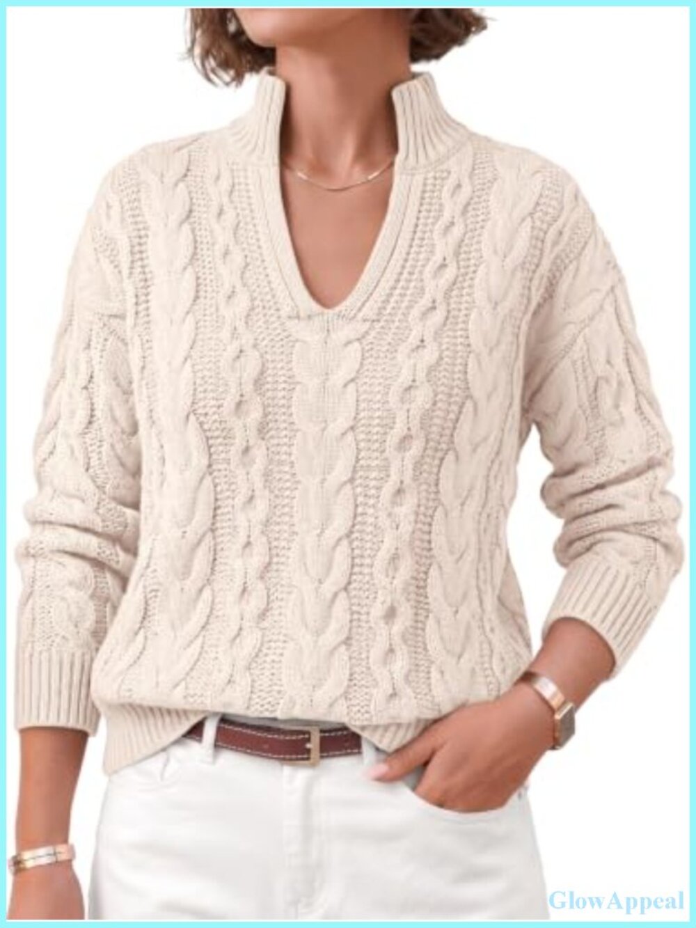 Women's Split Mock Neck Cable Knit Pullover Sweater